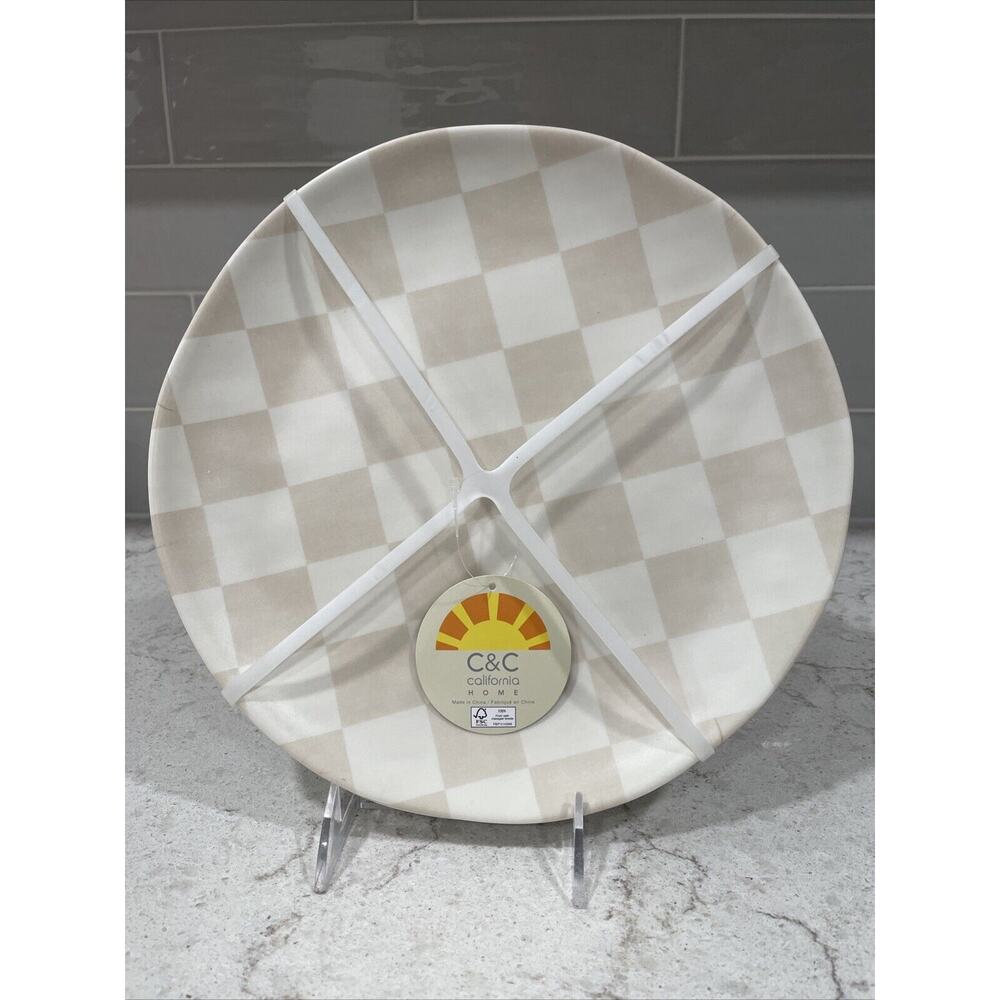 Set 4 C&C CALIFORNIA HOME Checkered Brown Tan Melamine 11" Dinner Plates Plate